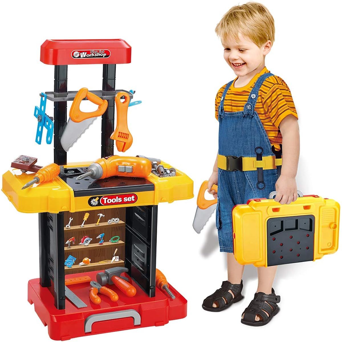 UNIH Kids Tool Bench with Electric Drill, Toddler Workbench Tool Set, Kids Pretend Play Learning Toy Tool Set, Indoor & Outdoor Toys, Gifts for 2 Year Old Boys