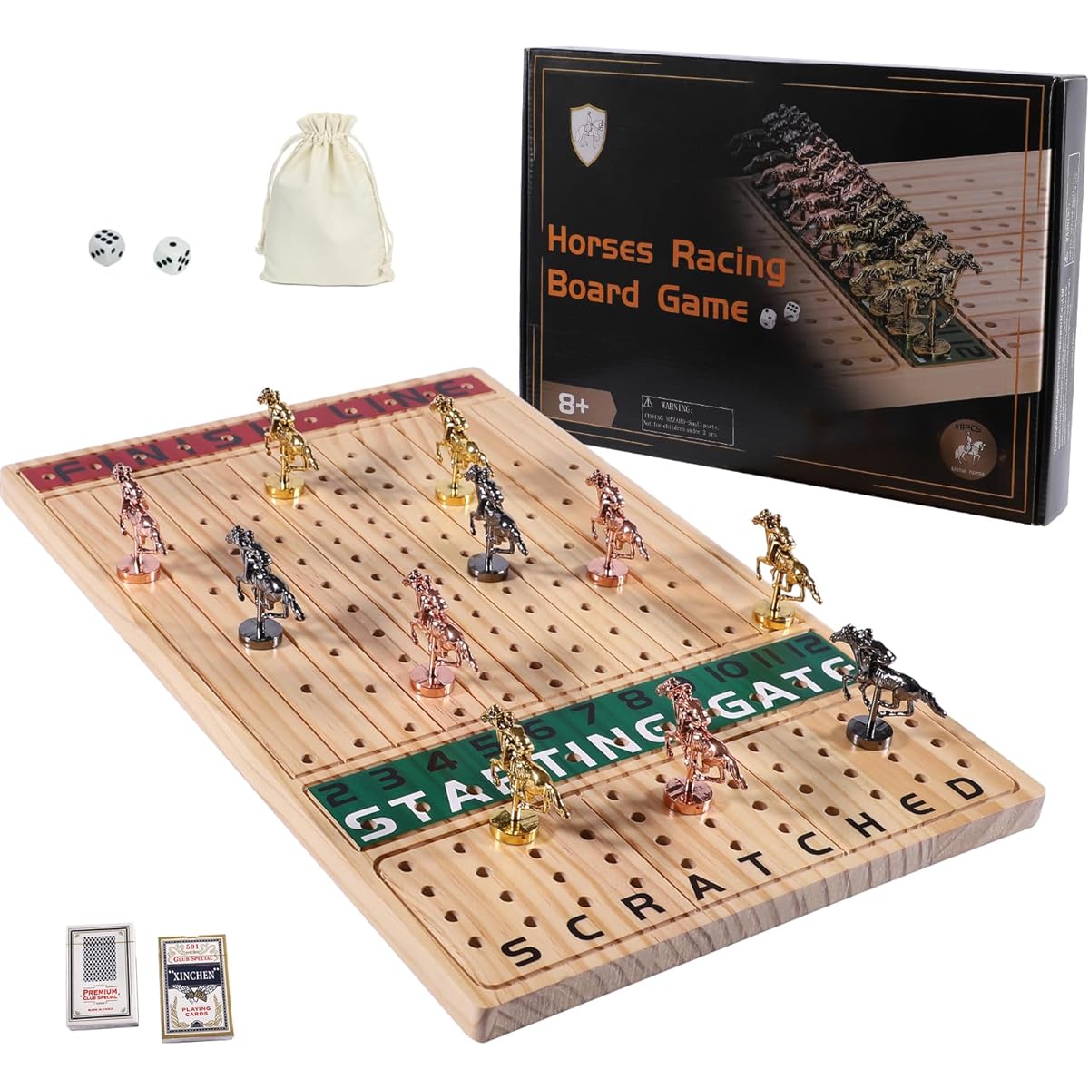 Grhonior Horse Racing Board Game with 11 Luxury Metal Horses, Thick Wooden Game Board with Dice and Cards Line Racing Game Board