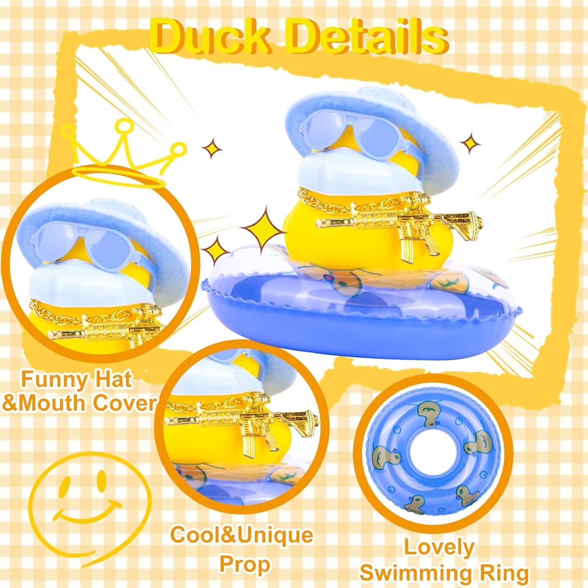 MuMyer Rubber Duck Car Ornament Yellow Duck Car Dashboard Decoration Car Dashboard Decor with Cool Props Mouth Cover Mini Swim Ring Sun Hat Necklace Sunglasses (C-Blue)