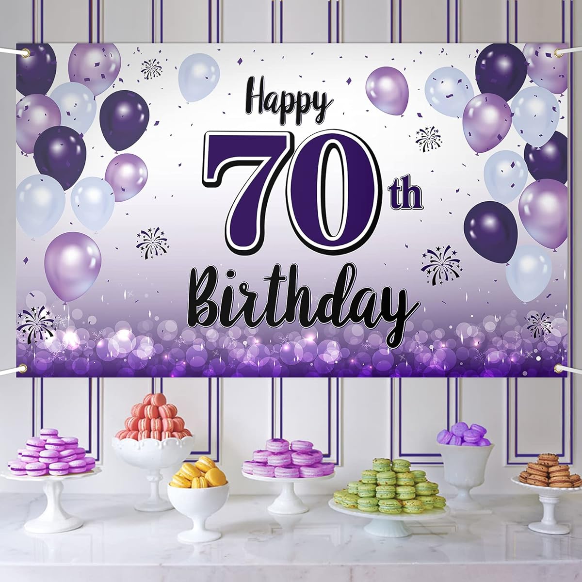 LASKYER Happy 70th Birthday Purple Large Banner - Cheers to 70th Birthday Home Wall Photo Prop Backdrop 70th Birthday Party Decorations