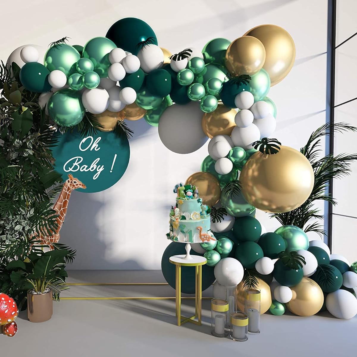 Jungle Safari Theme Party Balloon Garland Arch Kit, Emerald Green Gold Metallic White Balloon Tropical Palm Plant Leaf Tape Kit Party Decoration Baby Shower Kids Birthday (130 Pieces 18" 12")
