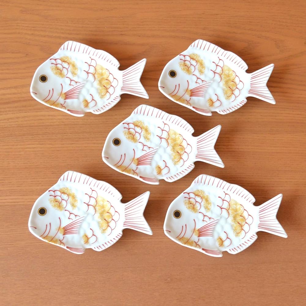 New Year Tableware, Japanese Tableware, Small Plate, Sea Bream, Lucky Charm, Arita Ware, Celebratory Sea Bream (White), Small Plate, Set of 5, Presentation Box