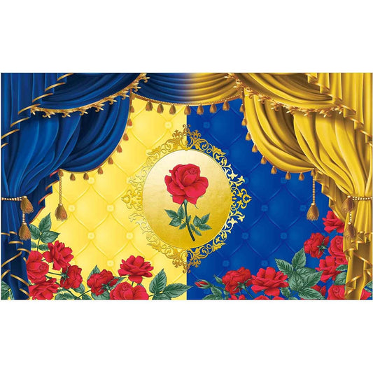 Allenjoy Beauty Princess Birthday Backdrop Red Rose Flower Garden Gold Palace Gender Reveal Neutral Party Supplies His or Her Wonderland Banner Baby Shower Decorations Photo Booth Props
