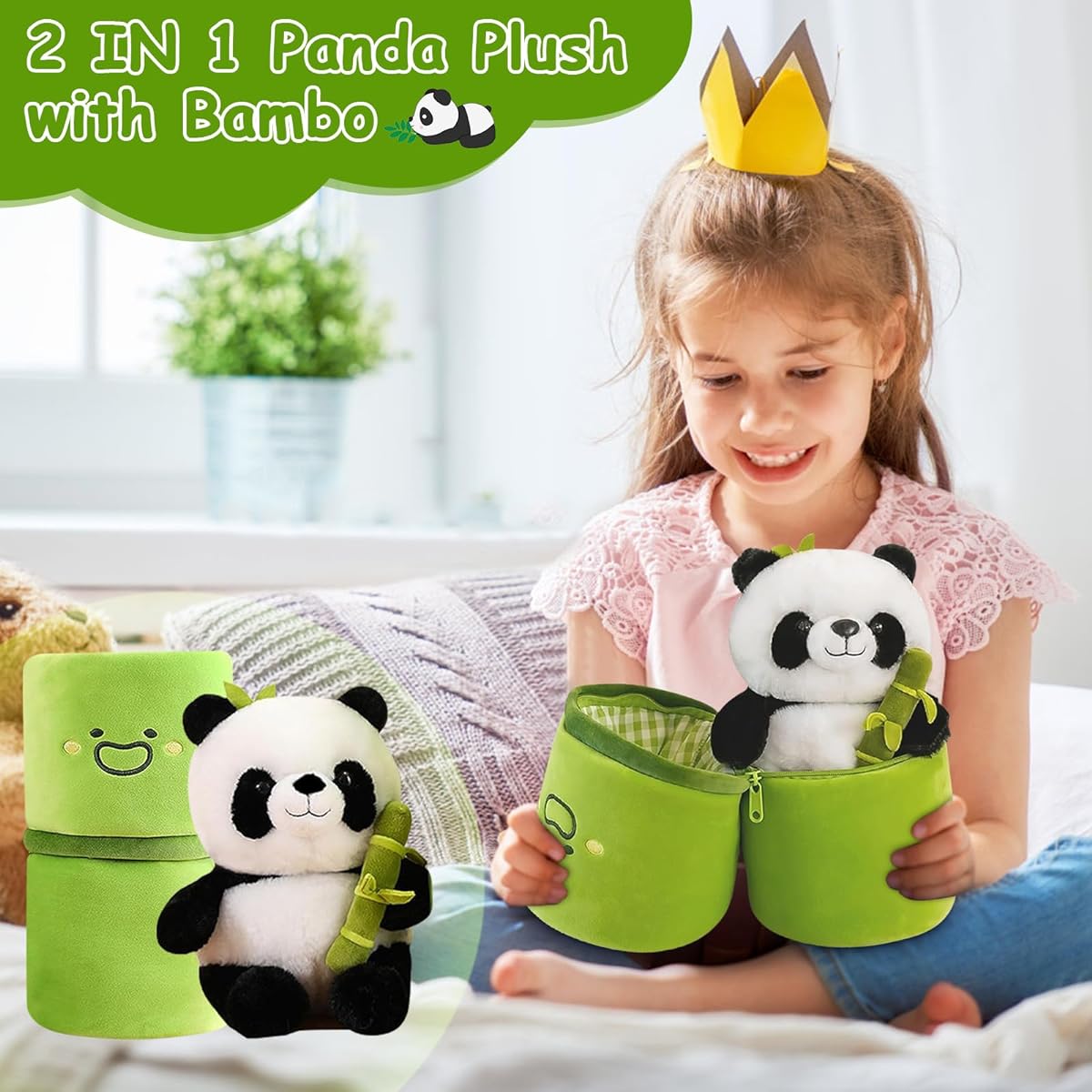 Emoin Panda Stuffed Animal Panda Plush Bamboo 2 in 1 Bamboo Tube Panda Pillow Tummy Time Toys for Babies Soft Plush Doll Gift for Boys Girls