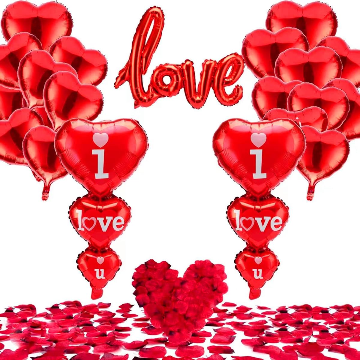 Love Balloons and I Love U Heart Balloons with 84 Red Heart Felt Hanging Garlands and 2000 Dark Red Silk Rose Petals for Valentine's Day Wedding Bridal Shower Party Decorations