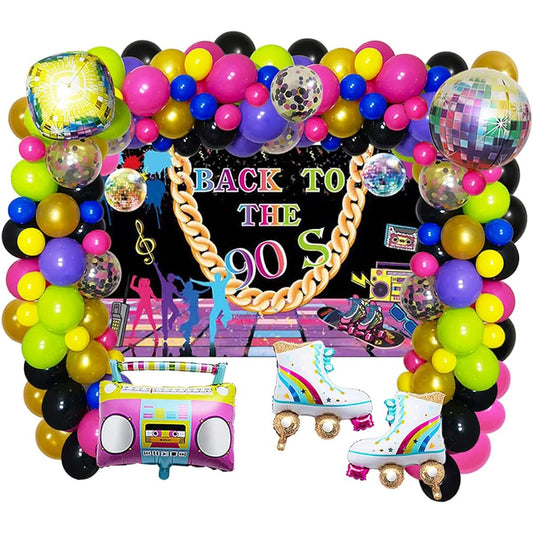90's Party Decorations 90's Party Bundle Includes Purple Rose Red Green Gold Black Confetti Balloons Boom Box Balloons - Roller Skate Balloons, Back to the 90's Backdrop Hip Hop Party Decor