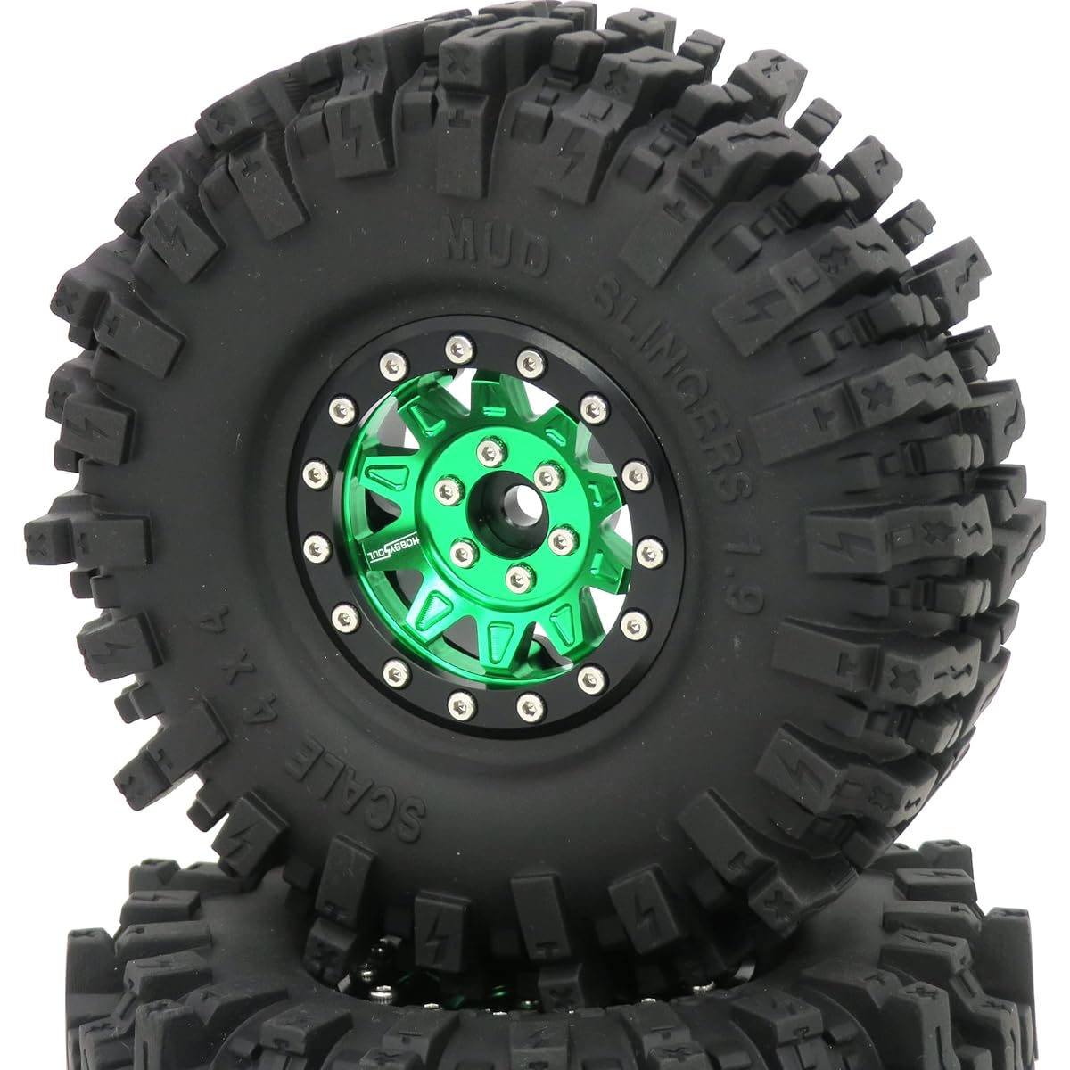 HOBBYSOUL 1.9 Mud Slinger Tires 120mm Mounted on 1.9 Beadlock Wheels Green Black 1.9 Beadlock Wheels and Tires (1.9 Wheel Weights with Heavy Duty Metal Middle Rings) Fits TRX-4 SCX10 (4 Pack)