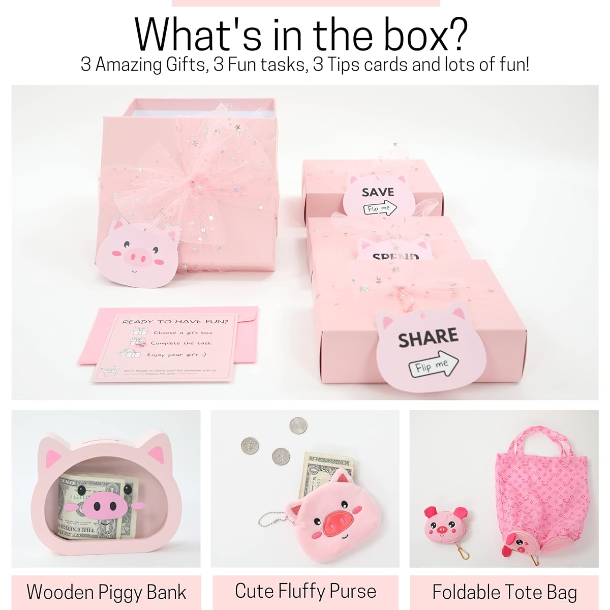 Happy Lolli Birthday Gift for Girls/Boys - 3 Individually Wrapped Gifts with 3 Tasks to Teach Your Child Responsible Money Management and Includes Piggy Bank, Wallet and Tote Bag - Ready to Give