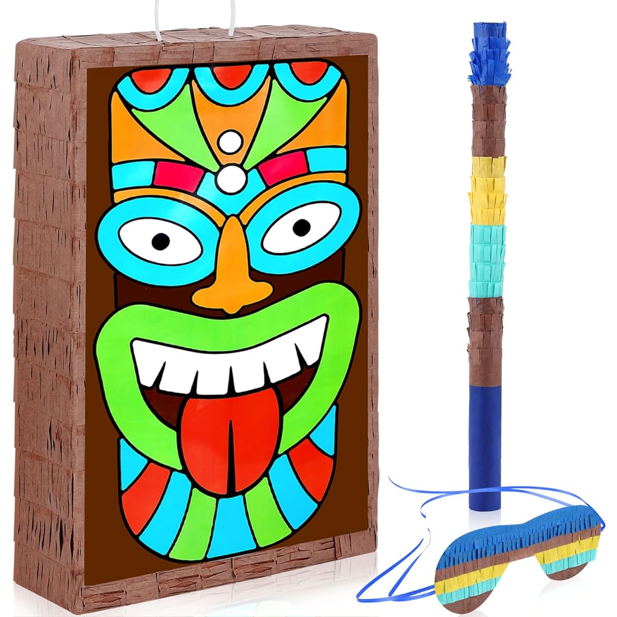 Tropical Tiki Pinata for Luau and Hawaiian Party, 3 Piece Set Luau Pinata Birthday Party Eye Mask Stick Paper Hawaiian Pinata Theme Party Supplies Decorations 16.4 x 10.7 x 3 Inches