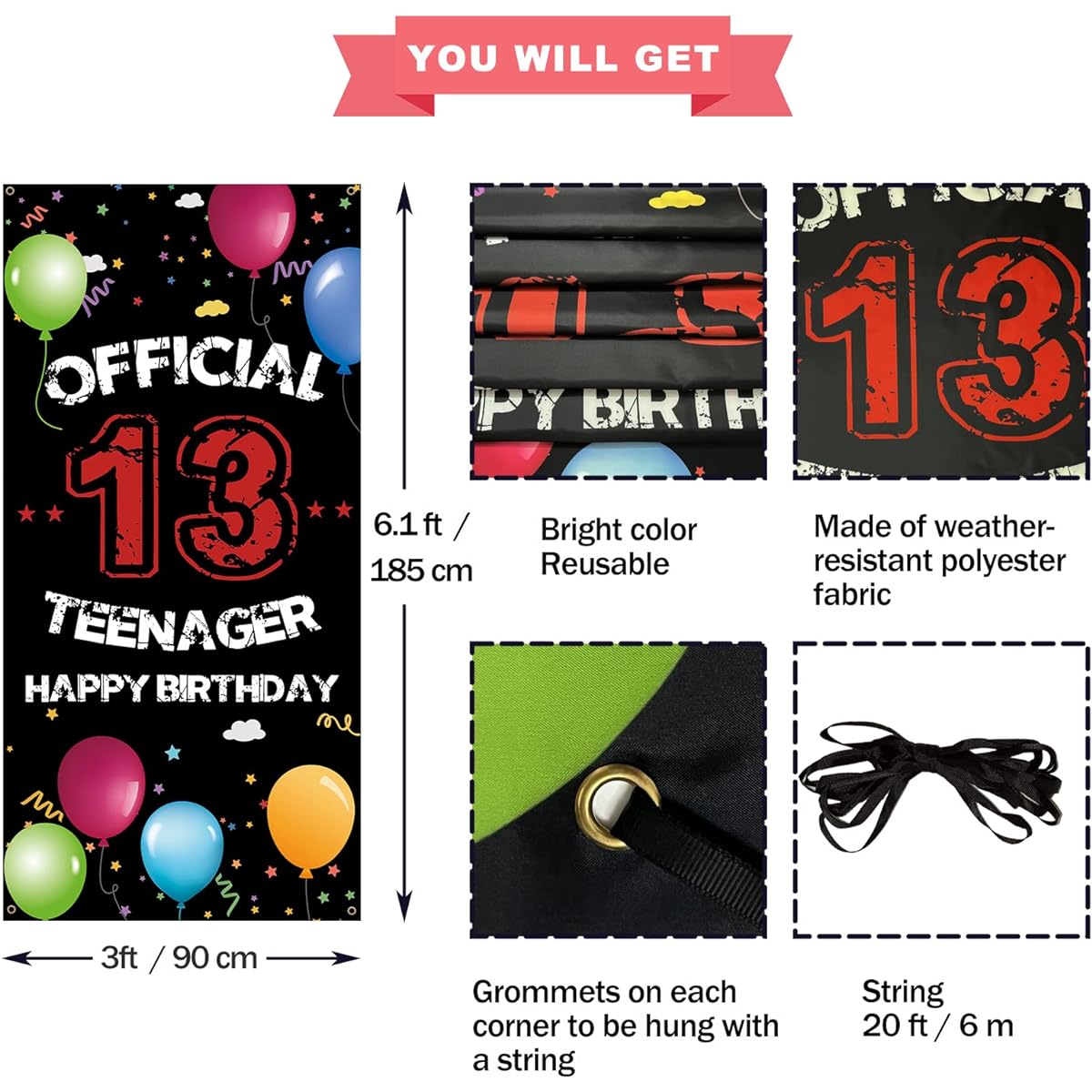 HTDZZI Official Teenager 13th Birthday Door Background Banner Happy 13th Birthday Decoration Boys Girls Black White 13th Birthday Party Yard Sign Photo Prop Outdoor Indoor Sturdy