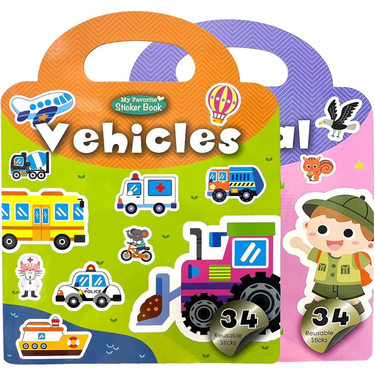 Reusable Sticker Books for Kids, 2 Sets Jelly Stickers Quiet Books for Children Preschool Learning Toddlers Airplane Travel Essentials for Girls Boys Ages 2-6 - Vehicles & Animals