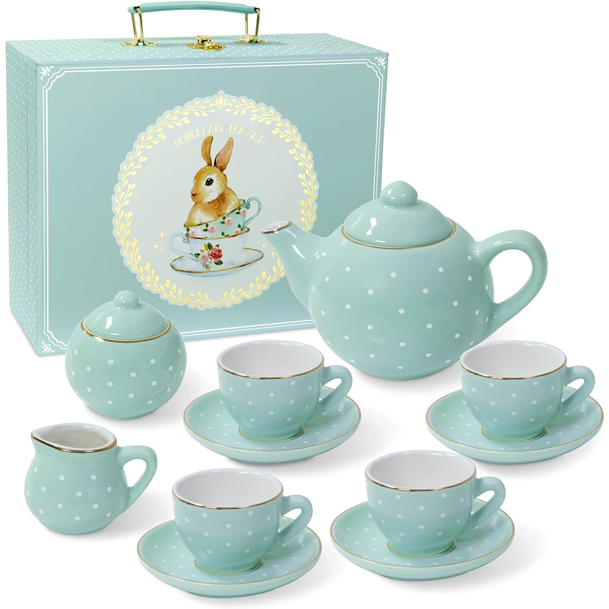 Jewelkeeper Porcelain Tea Set for Little Girls - 13 Piece Tea Party Set with Carry Case - Kids Tea Set for Ages 3 and Up - Safe and Durable Mini Tea Cup and Saucer Set - Turquoise Polka Dot