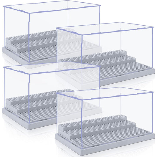 4 Pack Display Case for Mini Figure Action Figure Blocks, Acrylic Mini Figure Display Case Box Storage with 3 Movable Steps, Gift for Kids/Adults (Gray)