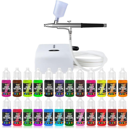 Futebo Cake Airbrush Decoration Kit with Compressor, Cookie Airbrush Kit, Vivid Airbrush 24 Liquid Food Colors for Cake/Dessert/Other Baking Food Decoration (Color: White)