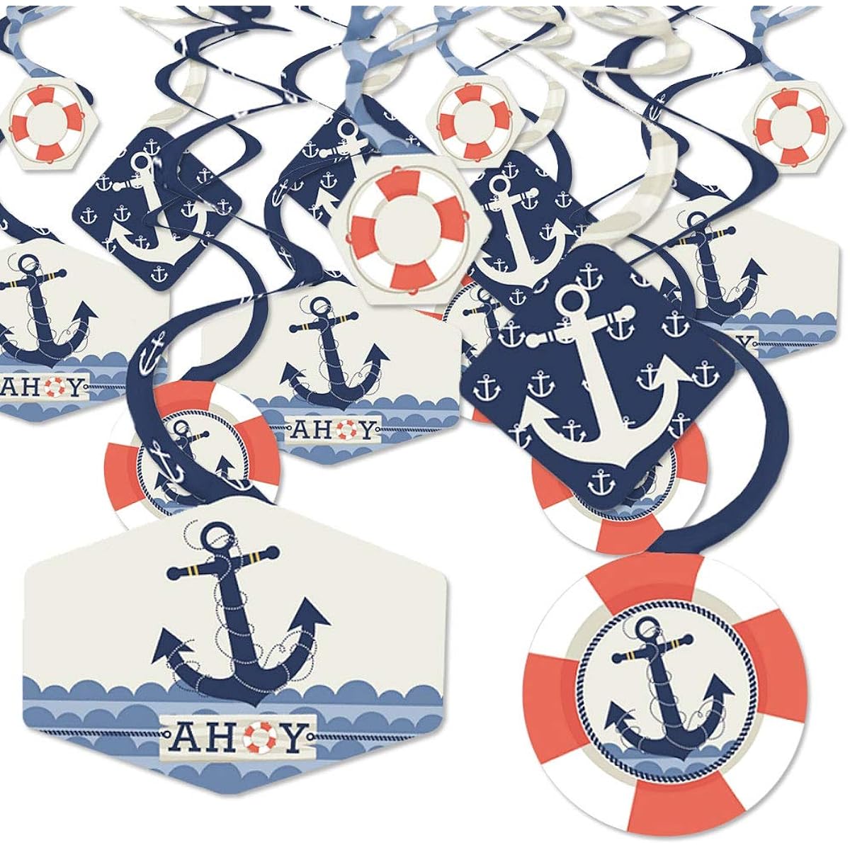 Ahoy - Marine - Baby Shower Birthday Party Hanging Decorations - Party Decorations Swirls - Set of 40
