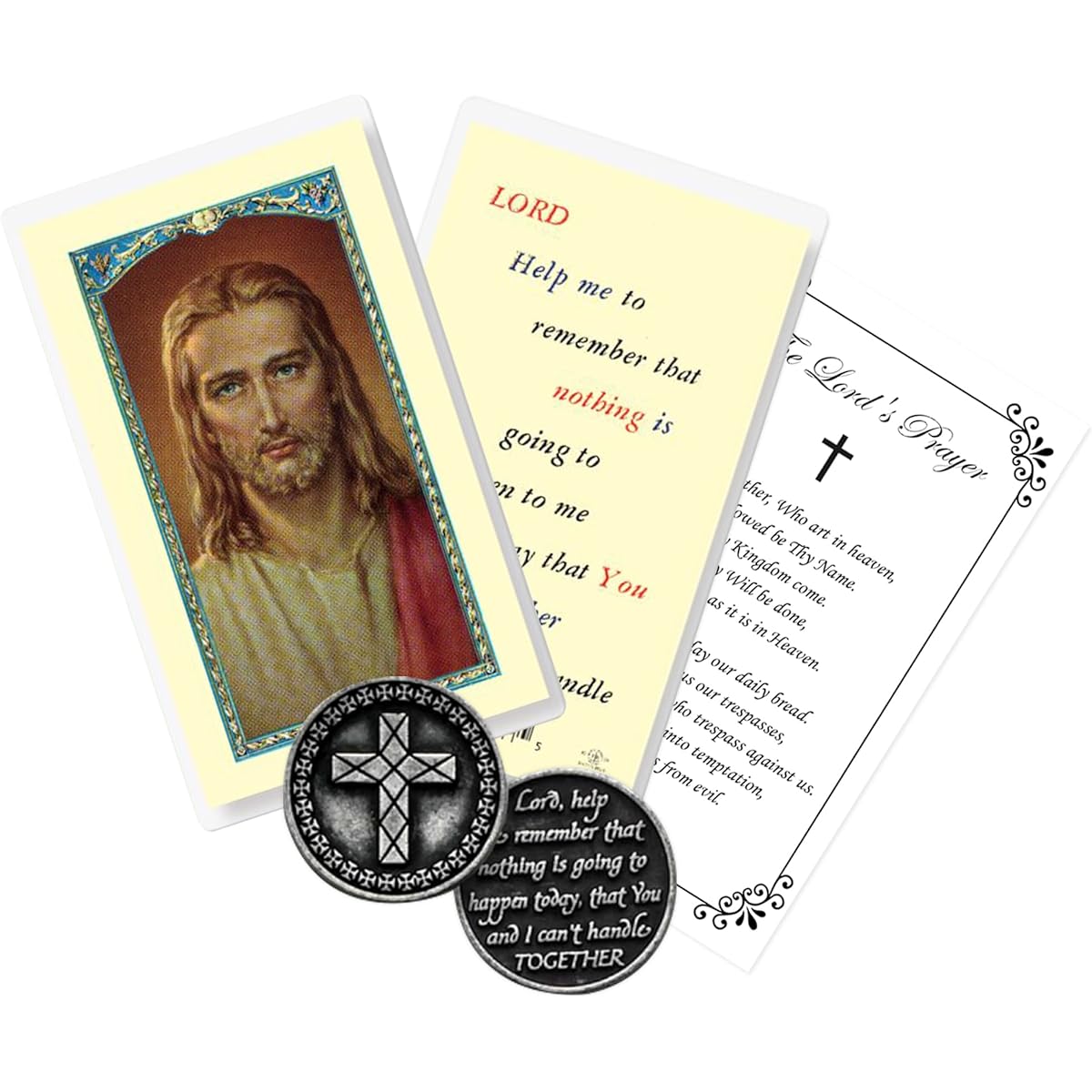 Cross in My Pocket Token - with Lord Help Me to Remember Holy Card Lord's Prayer Card | Metal Inspirational Cross in My Pocket Coins Tokens for Serenity Faith | Catholic Coins and Cards 5 Item Set
