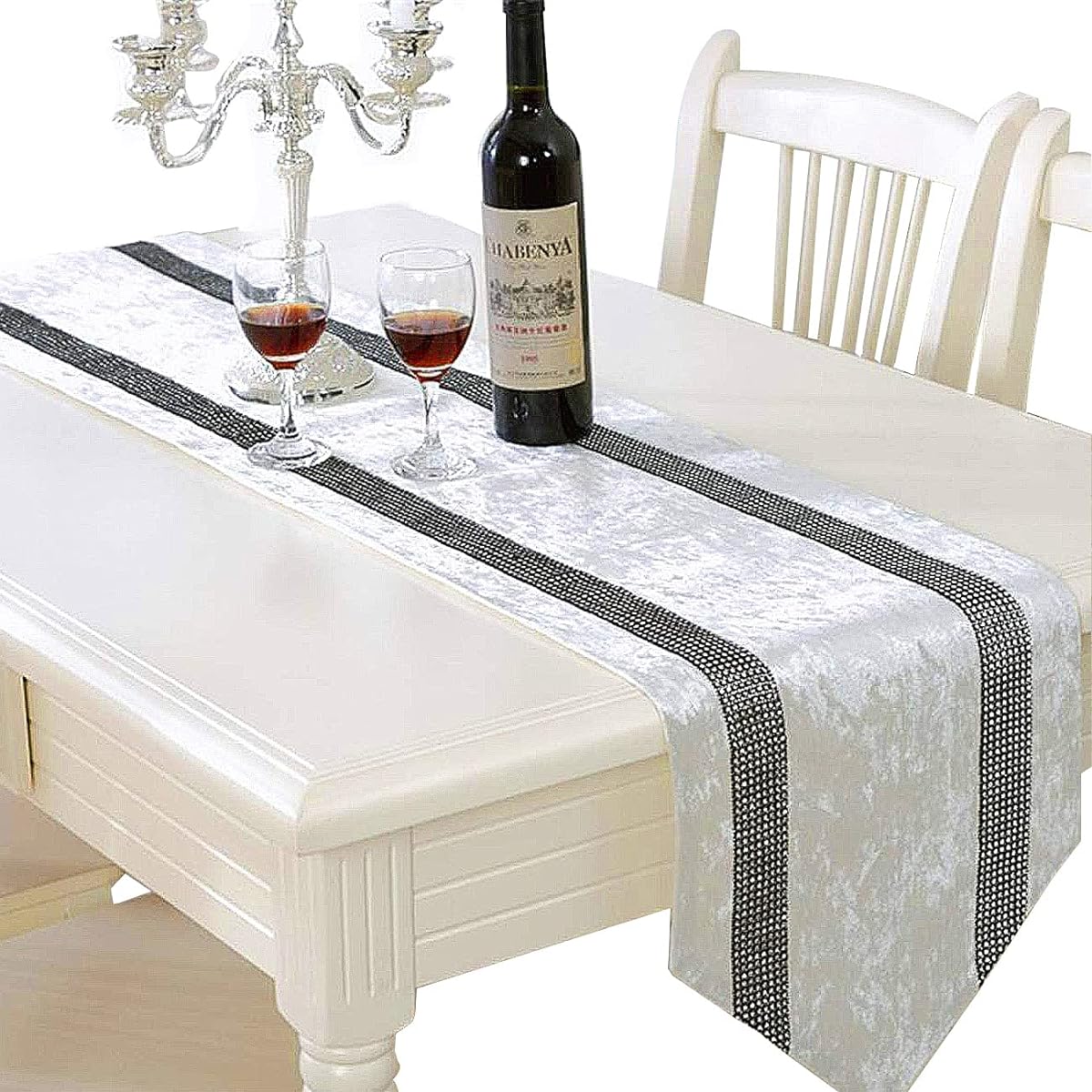Jiino Tassel Table Runner with Sequin Rhinestone Strip Elegant Table Decoration for Wedding Thanksgiving Christmas Creamy White 13x84 inches