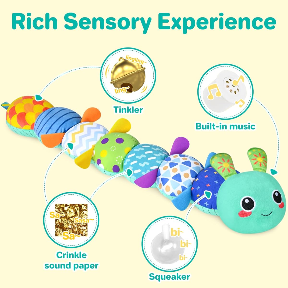 KMUYSL Baby Toys 6-12 Months Musical Plush Toy for 6-12 Months Soft Sensory Toy with Crinkles and Rattles Toddler Tummy Time Toys Newborn Boys Girls Caterpillar Blue