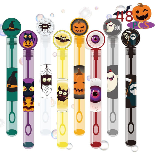 48pcs Halloween Party Favors Bubble Wands Halloween Assorted Designs Halloween Toys for Kids 8 Colors Halloween Goodie Bag Fillers Halloween Treats Non-Candy Bubble Maker Toys