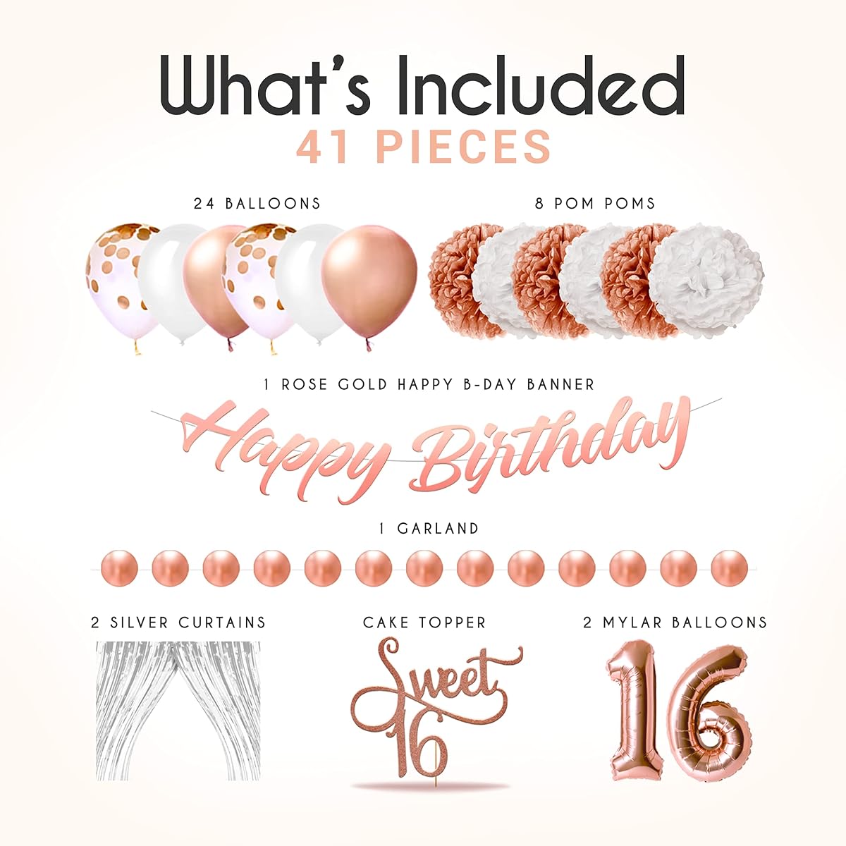 EpiqueOne Birthday Party Decorations - Balloons Party Supplies Kit - Sweet 16 Rose Gold Decor With 2 Silver Curtains, Balloons, Banner, Mylar & Pompoms |Gold|40 Pcs