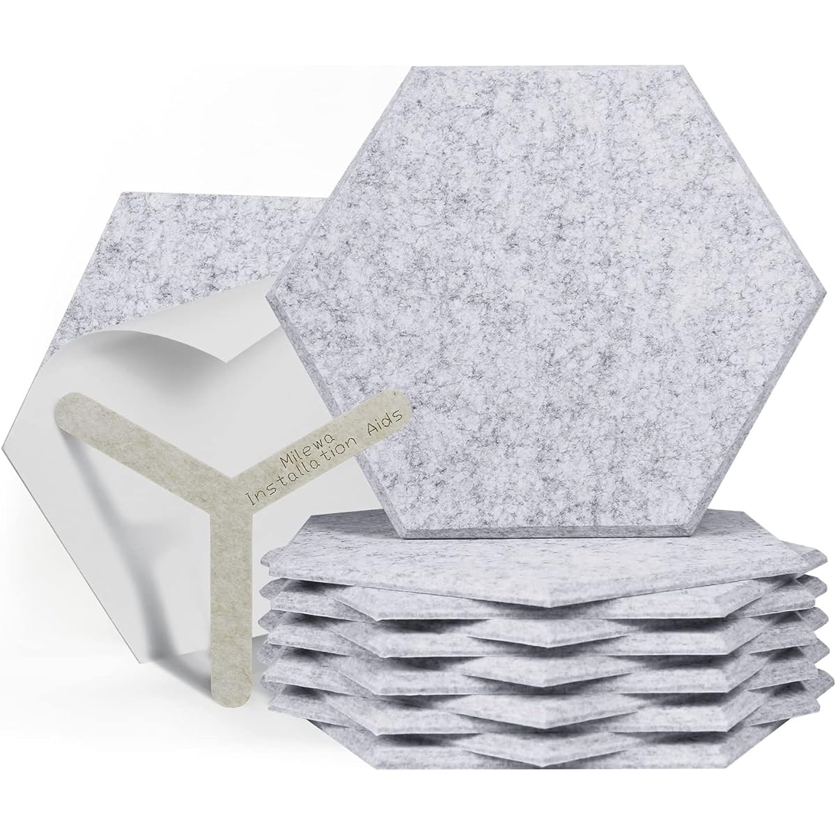 Milewa Acoustic Panels, 12 Pack Acoustic Foam Panels with Triangle Application Tool, 14" x 12" x 0.4" Hexagonal Acoustic Wall Panels High Density Soundproofing Pad for Soundproofing Rooms (Silver Gray)
