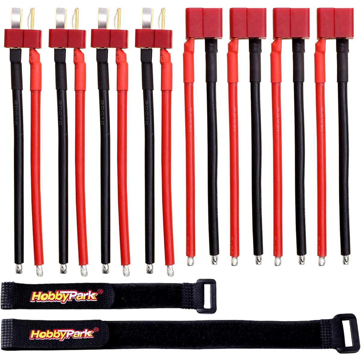 Hobbypark T Plug Connector Female & Male Dean 14AWG 14 Gauge Silicone with Battery Strap RC Lipo Battery Cable for Drone Car (4 Pairs)