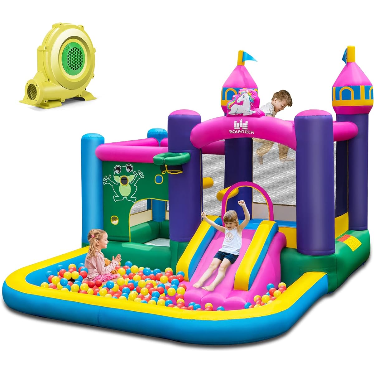 BOUNTECH Inflatable Bounce House, 6 in 1 Giant Bouncy House for Toddlers Kids Age 5-12, Indoor Outdoor Party Family Fun with Large Ball Pit, 735W Blower, Inflatable Jumping Castle, Great Birthday Party Gift