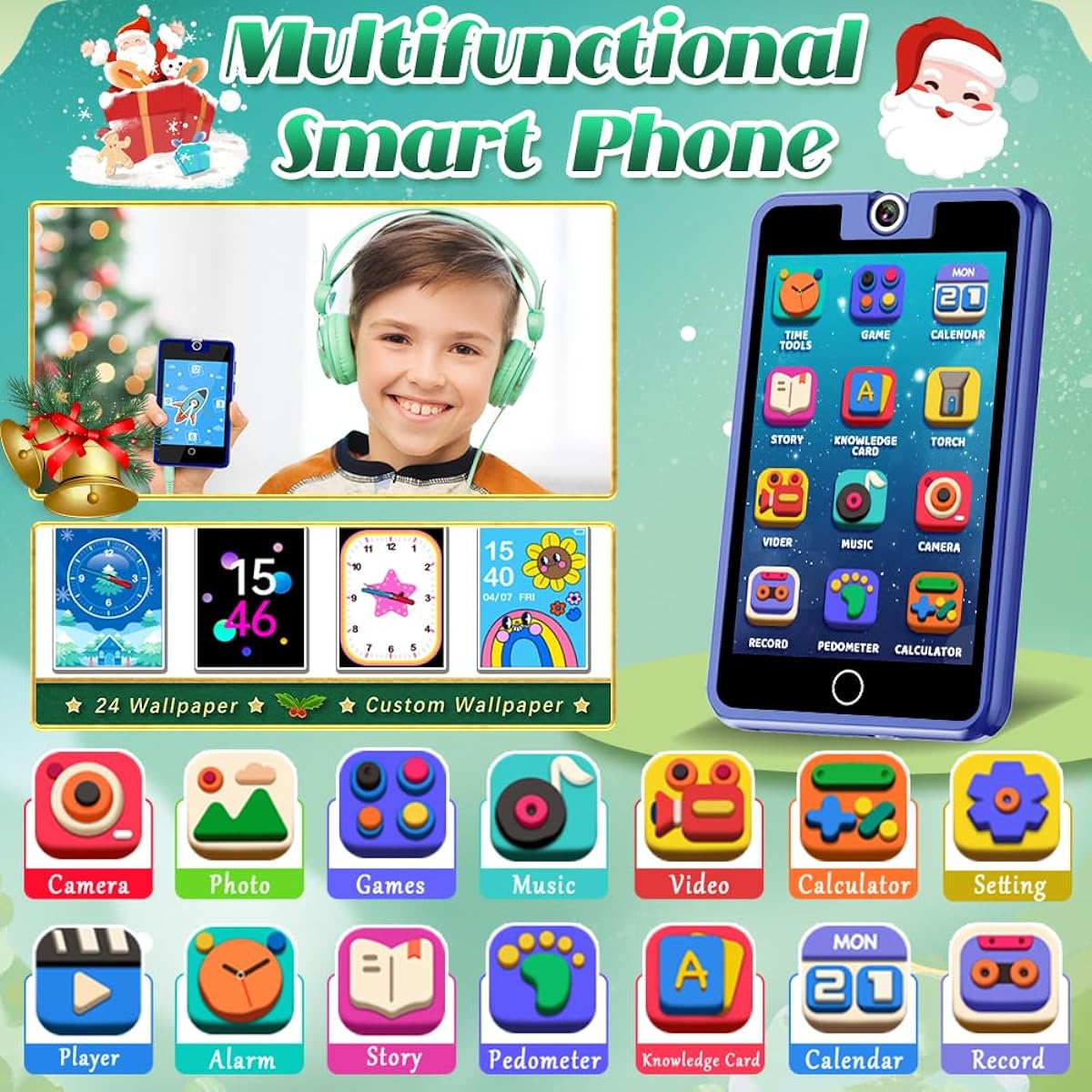 Smart Pretend Phone for Kids with Rotating Camera, 28 Games, Habit Tracker, HD Touch Screen, Audible Stories, Pedometer, Alarm Clock, Portable Learning Toy for Girls and Boys Age 3-8 Years Old Christmas Birthday Gift (Blue)
