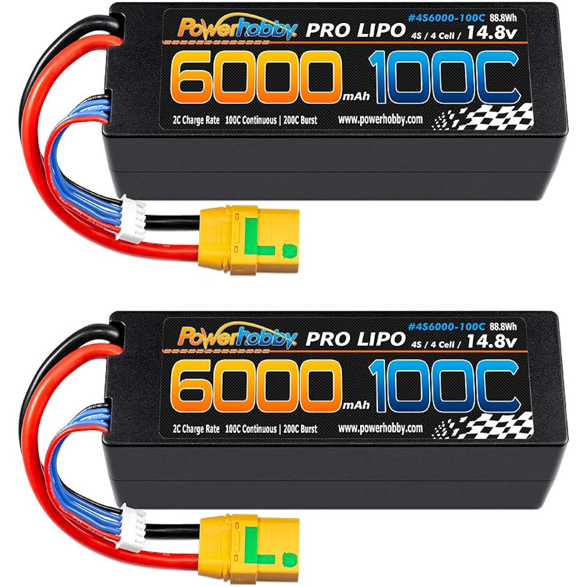 Powerhobby 4S / 4 Cell 14.8v 6000mah 100c Lipo Battery with XT90 Hard Case 4 Cell (2 Pack) Compatible with: Arrma Kraton Tyhpon Senton Tailon Outcast FAZON