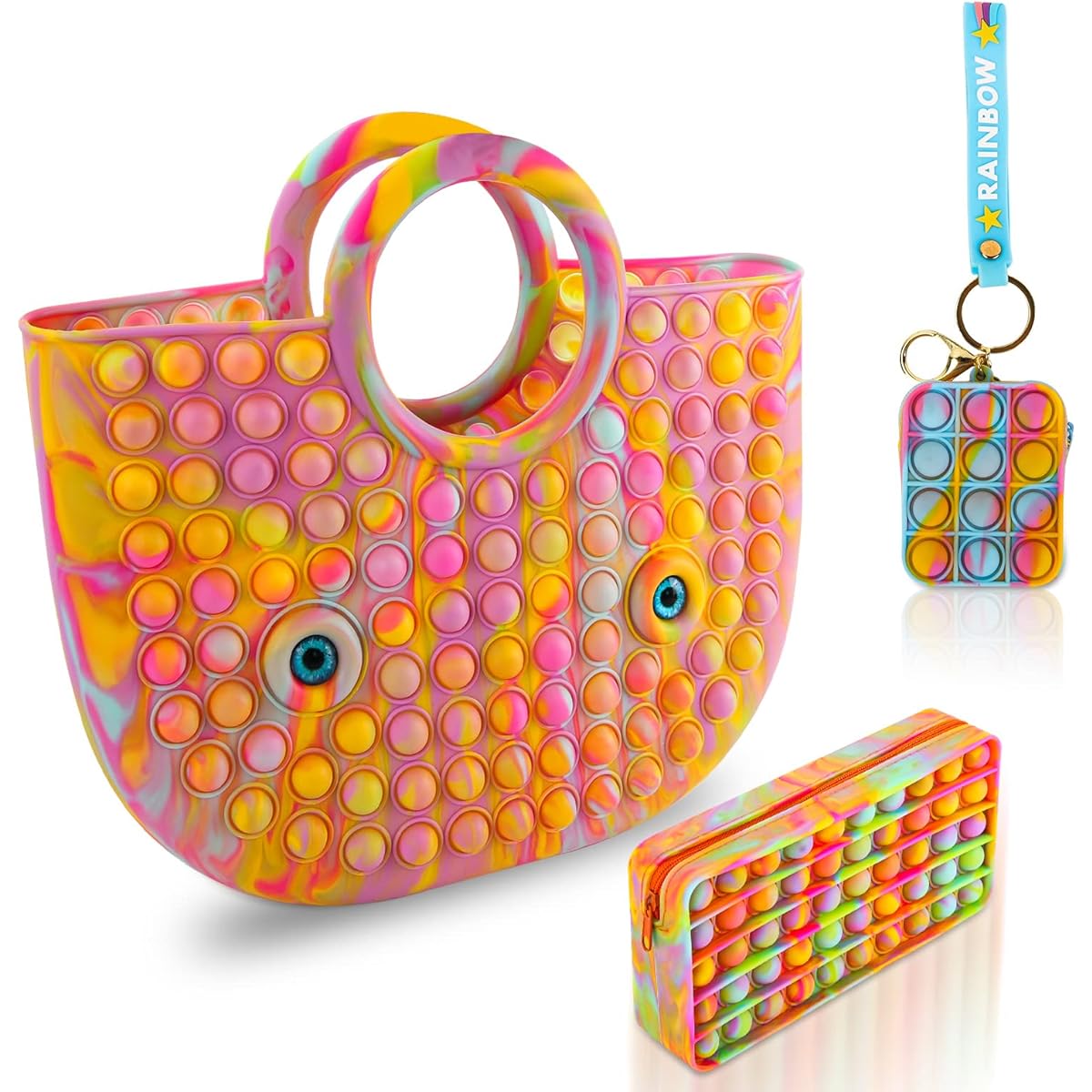 MILESTAR Big Pop Handbag Pop Pencil Case Mini Pop Coin Purse Bag Fidget Toy with Keychain Stress Relief Rianbow Push Bubble Fidget for Girls Christmas Birthday (3 Pack)