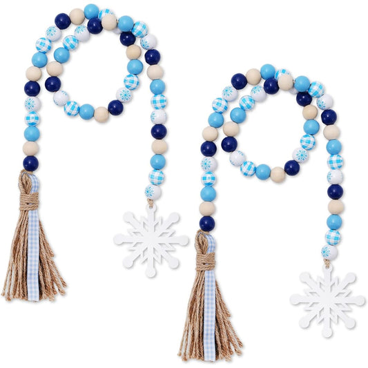Whaline Wooden Bead Garland with Tassels Snowflake Blue White Buffalo Plaid Hanging Ornament Rustic Farmhouse Christmas Tiered Tray for Fireplace Wall Set of 2