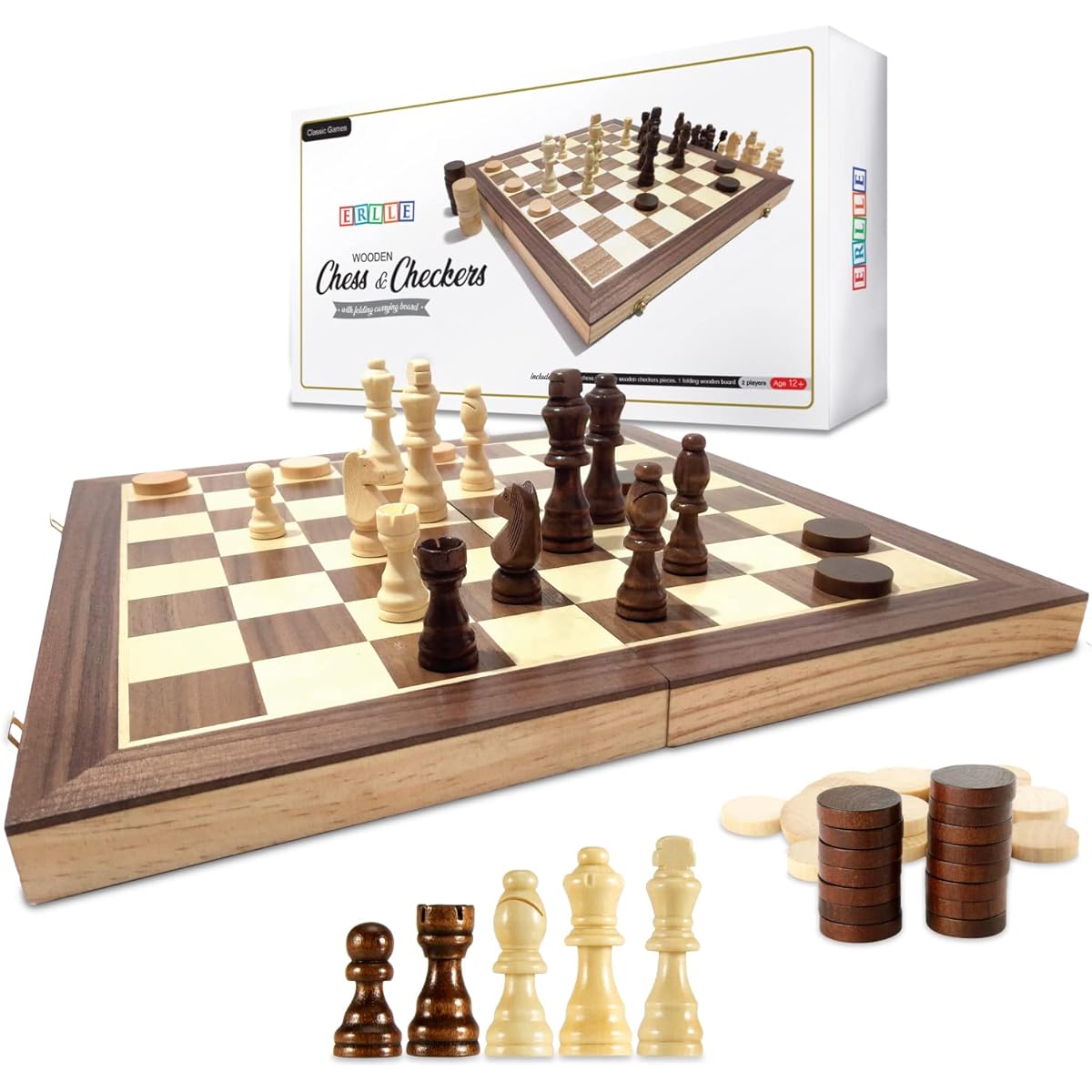 Wooden Chess & Checkers Game Board Set Large 15x15 Wooden Classic Unique Portable Travel Set Ajedrez