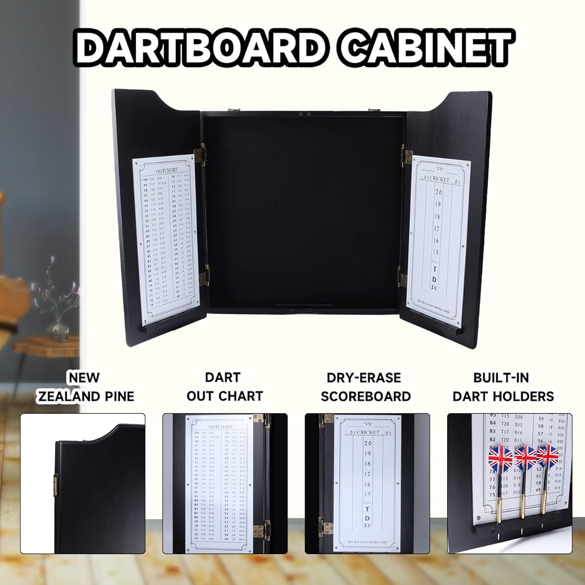 Professional Solid Wood Classic Dartboard Cabinet with Darts Scoreboard (Dartboard & Darts Not Included) (Black)