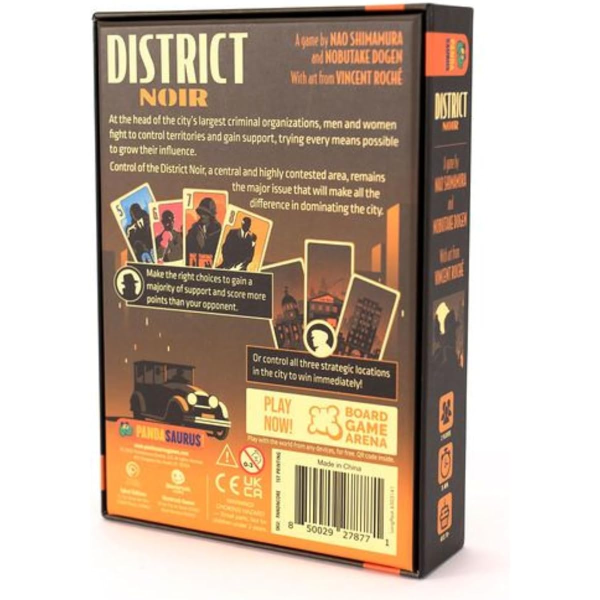 District Noir card game | Crime-themed bluff and set collection strategy game | Fun family game for kids and adults | Ages 10+ | 2 players | Average play time 10-20 minutes | Made by Pandasaurus Games