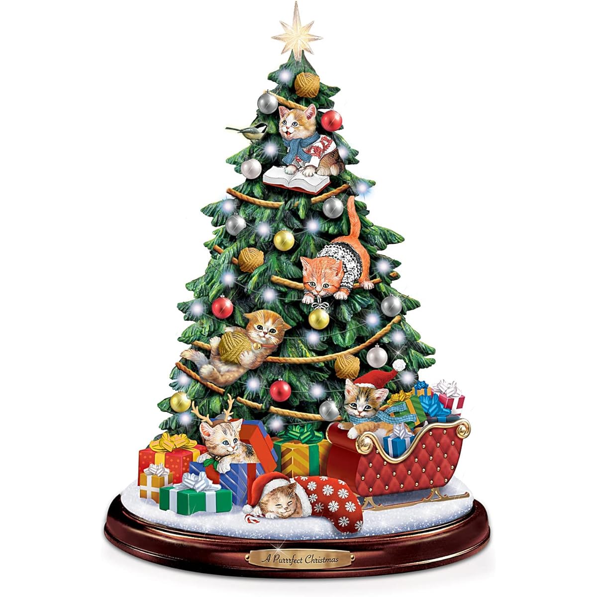 The Bradford Exchange Jurgen Scholz A Purrrfect Christmas Cat Themed Illuminated Tabletop Christmas Tree with Hand-Painted Kitten Sculpture