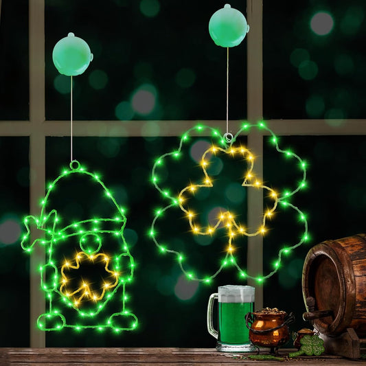 St. Patrick's Day Decorations Irish Shamrock & Gnome Window Lights Battery Operated Metal Frame St. Patrick's Day Window Decorations Green Light with Suction Cup Timer for Indoor Outdoor Decor