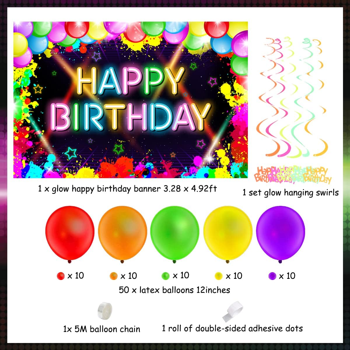 Glow Party Decorations Balloon Garland Kit Birthday Glow Neon Birthday Decorations Supplies Glow Happy Birthday Backdrop Hanging Swirls Fluorescent Neon Birthday Balloons for Birthday and Glow Party