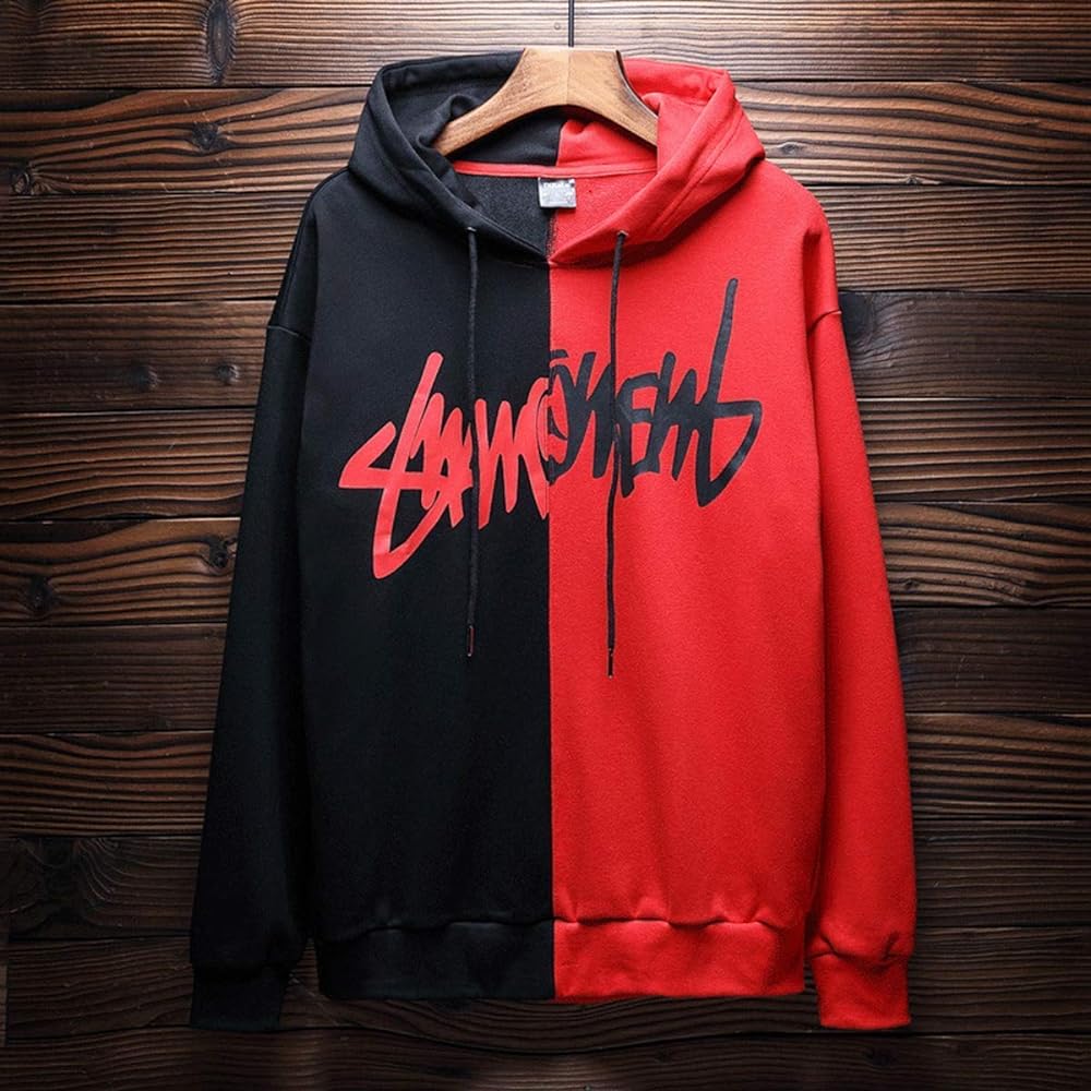 [HISITOSA] Men's Parka, Long Sleeve, Autumn Clothes, Thick, Brushed Lining, Winter Clothes, Men's Sweatshirt, Cotton, Pullover, Hoodie, Spring (M, Black + Red (Fleece lining))