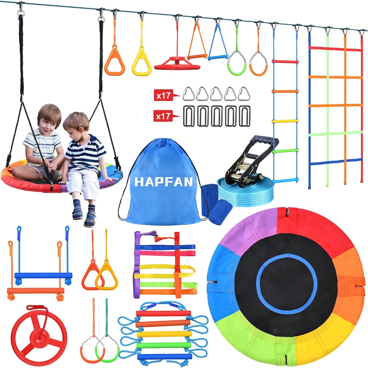 Hapfan 50ft Ninja Warrior Obstacle Course for Kids Swing Ninja Rope Course with 10 Obstacles for Outside Backyard Wooden Slackline Jungle Gym Outdoor, AD0402