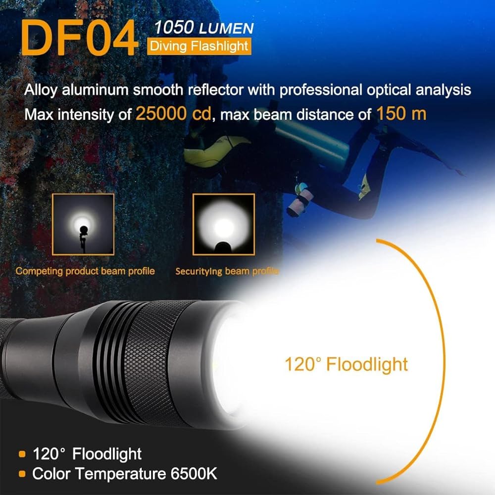 SecurityIng DF04 Diving Light LED Flashlight Underwater Light 1050 Lumens IPX-8 Waterproof Can be used up to 150M Underwater Bright Diving Flashlight Diving Light Wide Diving Fishing Outdoor (Batteries Sold Separately)