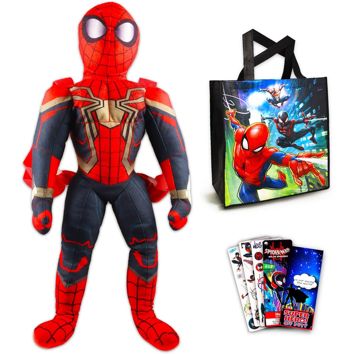 Marvel Spiderman Plush and Avengers Tote Bag Bundle - 20" Spiderman Plush Doll with Adjustable Straps and 1 Cute Avengers Tote, Stickers and More (Spiderman Gifts)