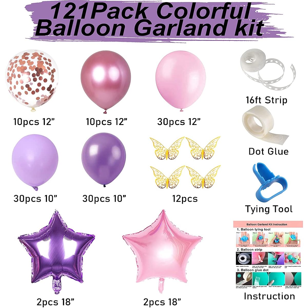 126pcs Butterfly Pink and Purple Balloons Garland Kit Butterfly Theme Balloon Arch Gold Butterfly Star Foil Balloons for Girls Women Birthday Baby Bridal Shower Wedding Party Decorations