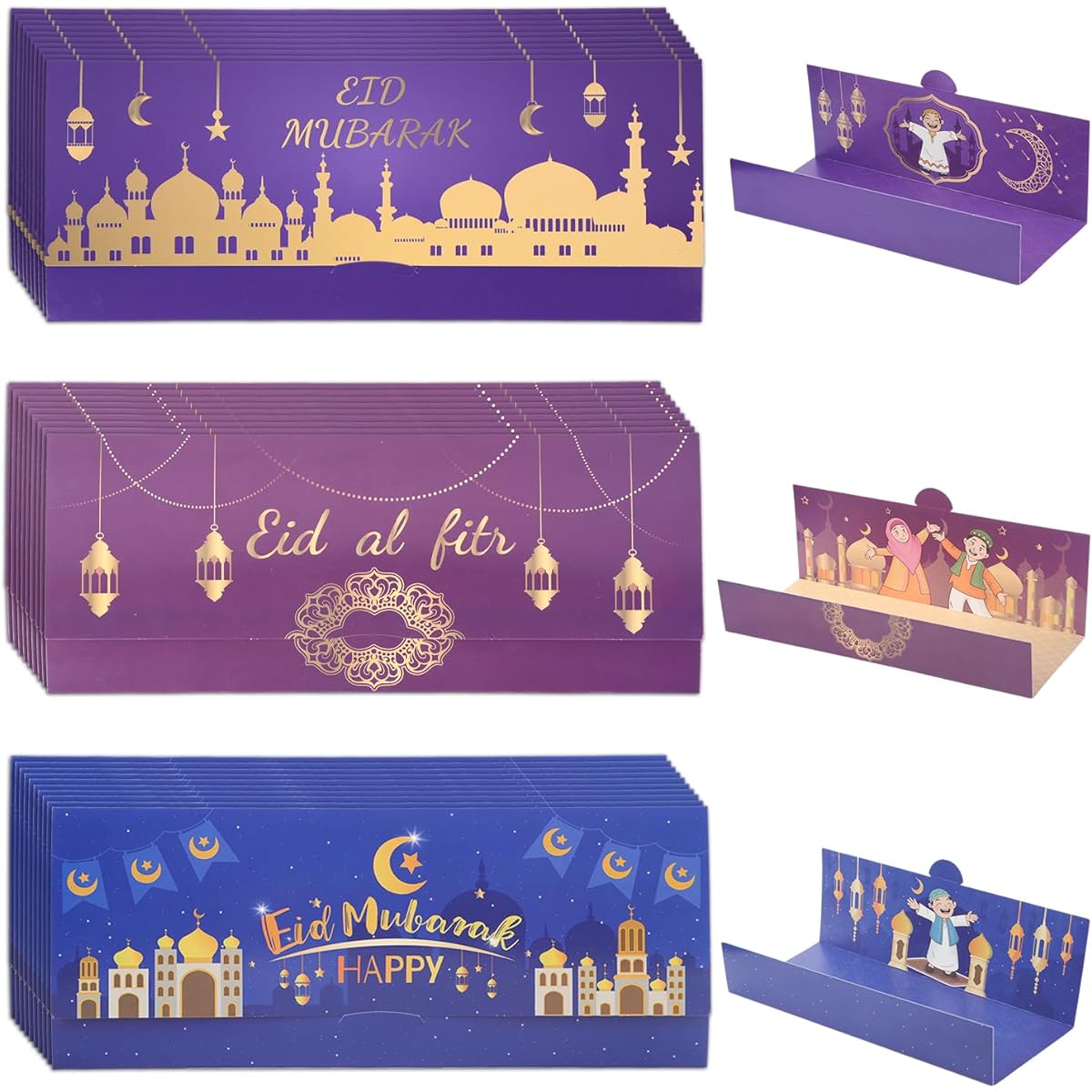 Eid Mubarak Money Envelopes, Eid Mubarak Envelopes Cash Gift Card Holder for Kids Ramadan Holiday Muslim Party Celebration Decoration, 3 Designs (Style 1)