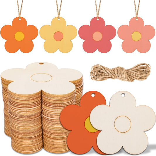 Whaline 50pcs Unfinished Wooden Boho Flower Cutouts with Holes and Hemp Rope, 3" DIY Blank Flower Shapes Hanging Ornaments Decorations Wood Slices DIY Crafts Spring Party Decor Gifts