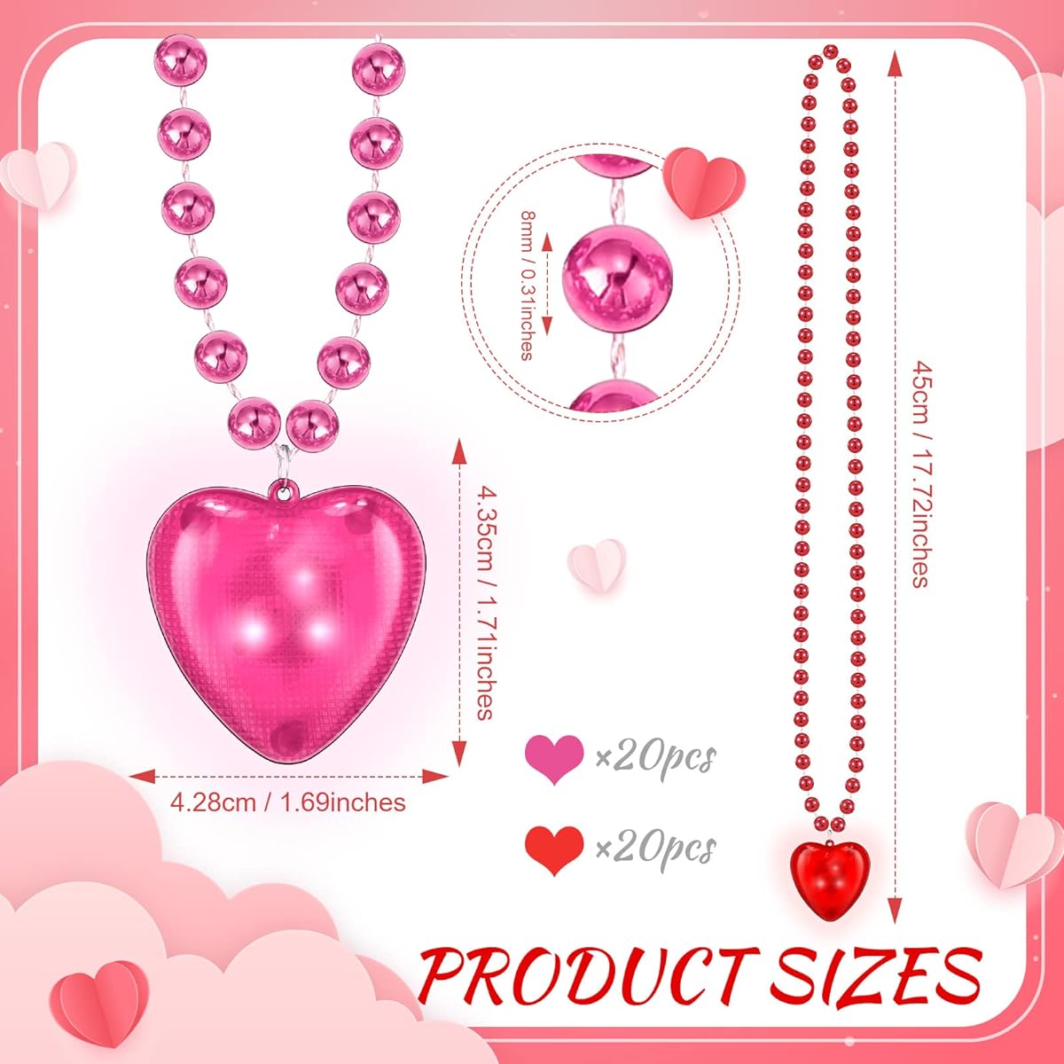 40pcs Light Up Heart Necklaces Luminous Heart Necklaces LED Flashing Necklaces Pink Red Kids Party Accessories for Adults Women Wedding Party Favors Gifts