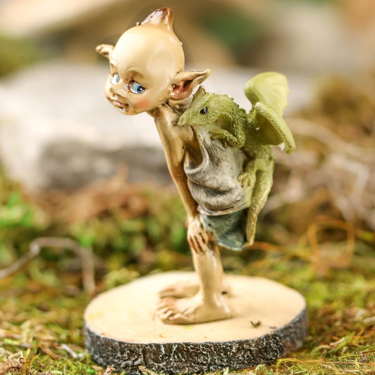 Painted Resin Miniature Boy Garden Pixie with Dragon Friend for Fairy Gardens, Terrariums, and Crafting