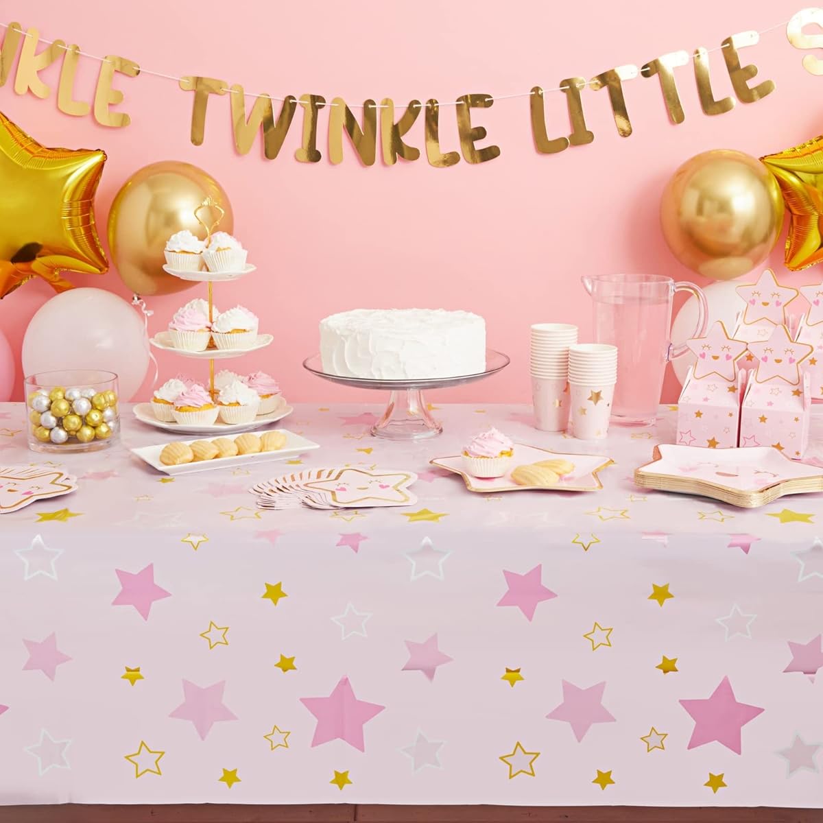 185 Piece Twinkle Twinkle Little Star Baby Shower Decorations for Girls Pink Dinnerware Set with Cutlery (24 Years Old)