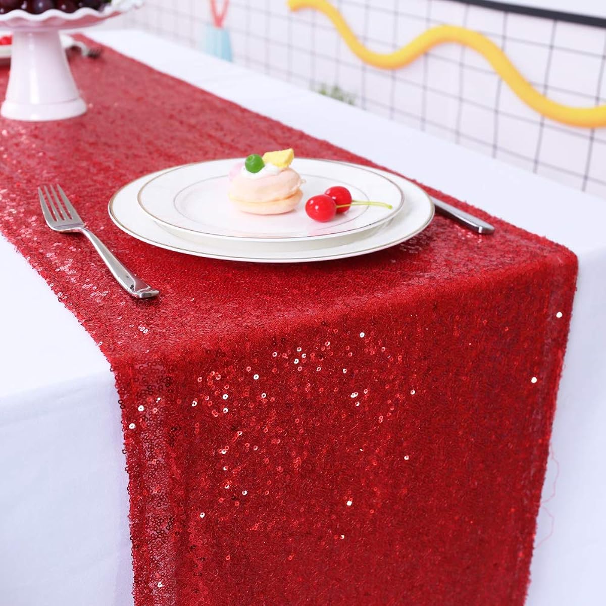 TRLYC Sequin Tablecloth for Christmas and Wedding Parties, 12x90-Inch, Red