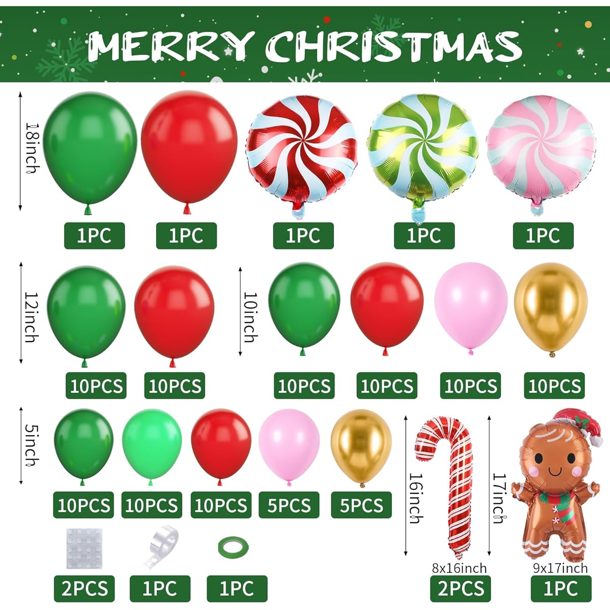 GREMAG Christmas Balloon Arch, 108pcs Red Green Pink Gold Balloons Garland Kit with Mini Gingerbread Man Windmill Candy Cane Foil Balloons Christmas New Year DIY Party Supplies