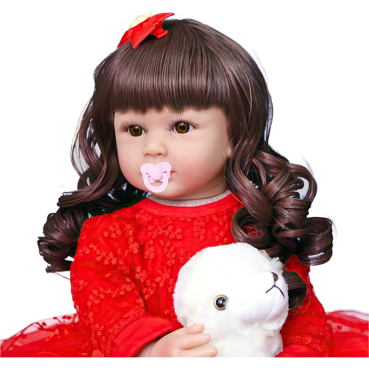 TERABITHIA 24 Inch Brown Curly Hair Realistic Baby Size Silicone Vinyl Lifelike Reborn Doll Realistic Newborn Toddler Girl Doll Soft Weighted Body